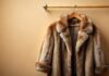 Luxurious brown bear fur coat draped elegantly over a minimalist wooden hanger against a soft, creamy background, evoking warmth and opulence in a rustic-chic setting.