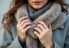 Elegant winter fashion with a fur collar coat and cozy knitted scarf