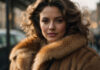 A beautiful young woman with long wavy hair, wearing a fur coat, stands on a city street.