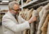 Man Inspecting Quality Fur Coats in Fashion Retail Store – Luxury, Style, and Craftsmanship in Apparel